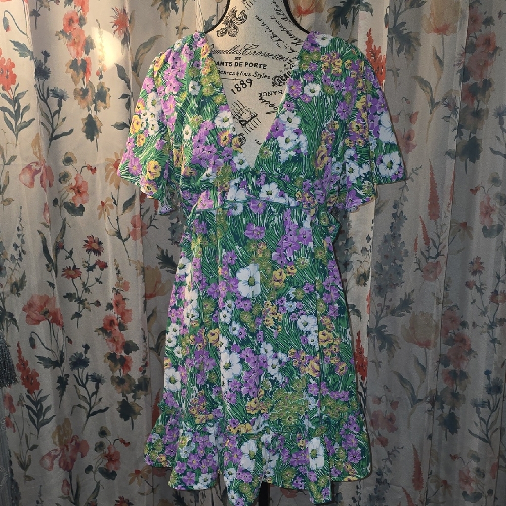 Kiss The Sky Floral V-Neck Ruffled Mini Dress - Green & Purple